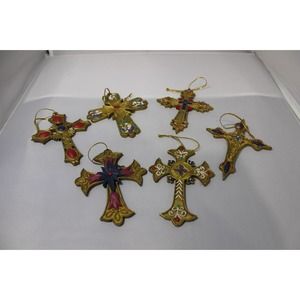 Beautiful Cross Set of 6, Hanging Ornament set, Resin with Color Faux Gems